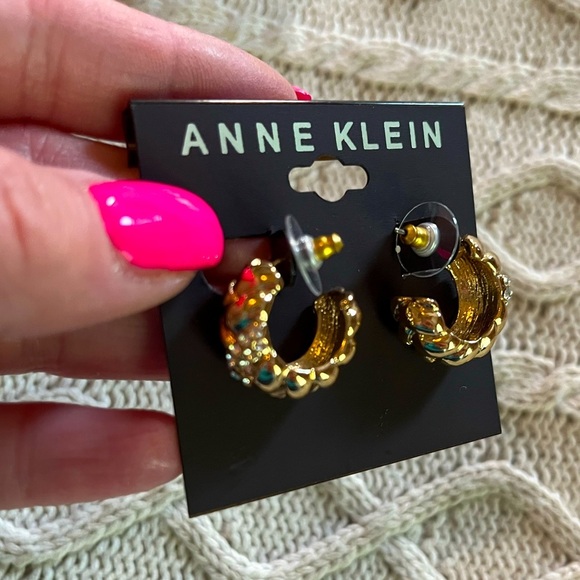 Anne Klein Gold with Sparkling Silver Small Wide Hoop Earrings Fashion - Picture 1 of 6